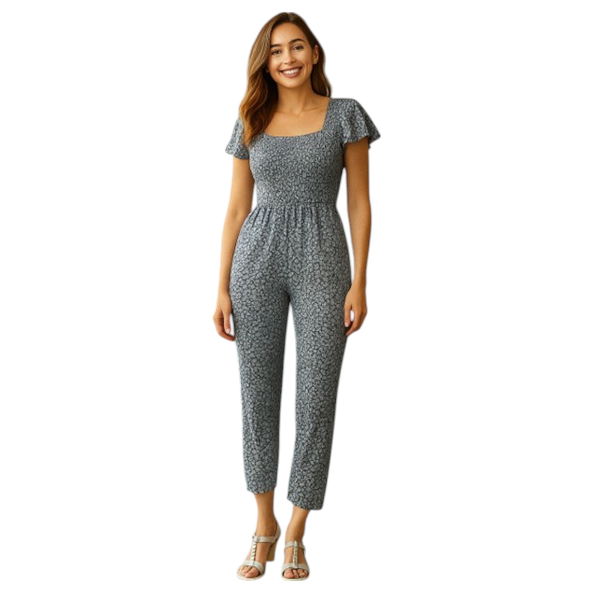 Navy floral women's jumpsuit with short sleeves and cropped legs โ lightweight summer outfit